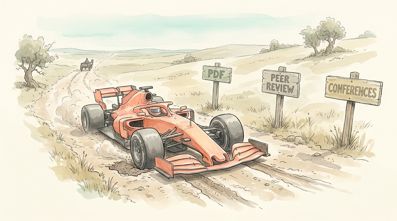 A Formula 1 car crawling down a rutted horse-cart road, past signposts reading PDF, Peer Review and Conferences