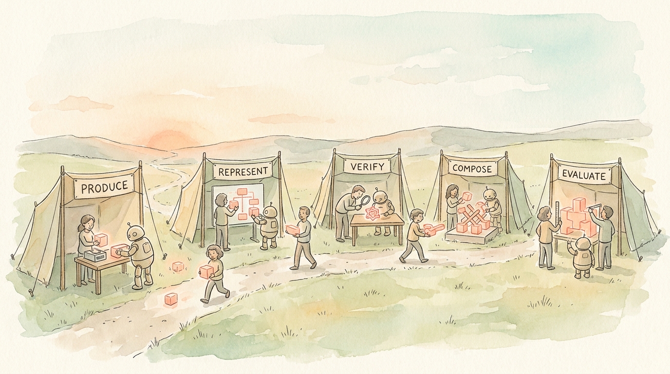 A watercolour meadow fair of five tents banner-labelled Produce, Represent, Verify, Compose and Evaluate, where human researchers and small friendly robots work side by side and pass glowing research artifacts along the path